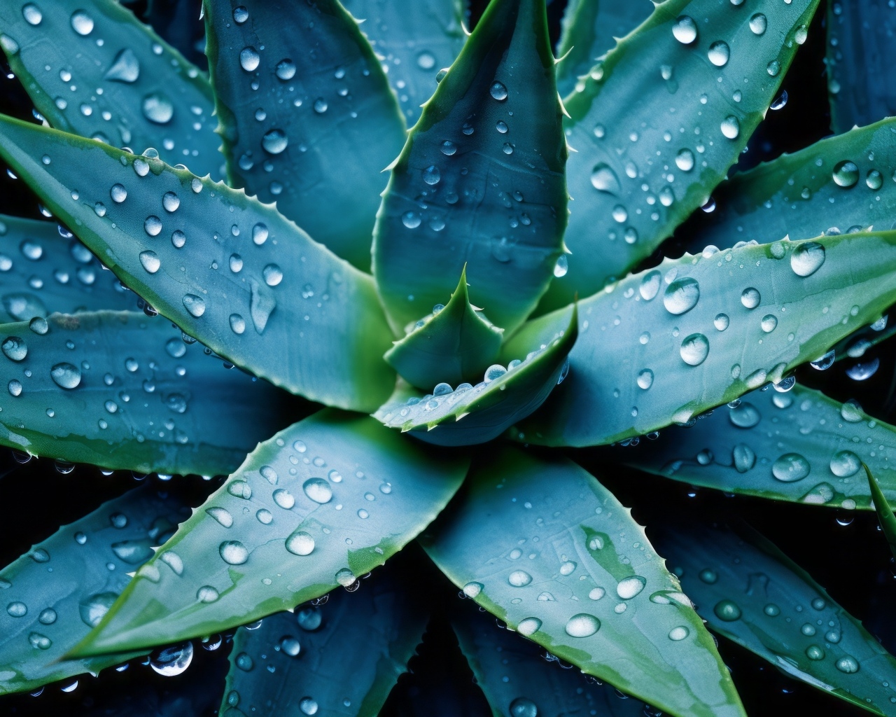 Большое зеленое алоэ в каплях воды