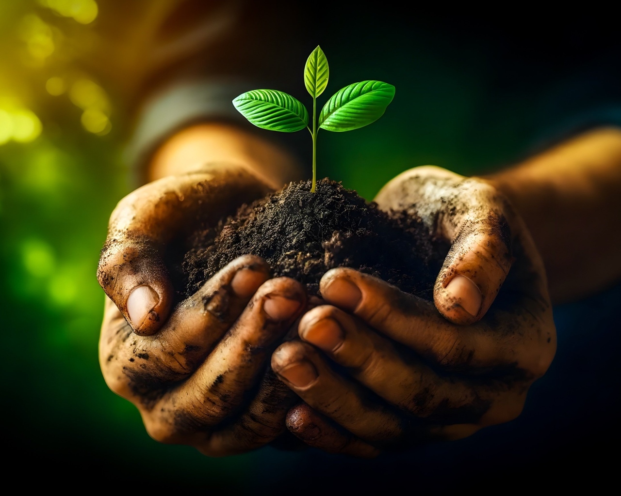 Росток в земле в ладонях мужчины