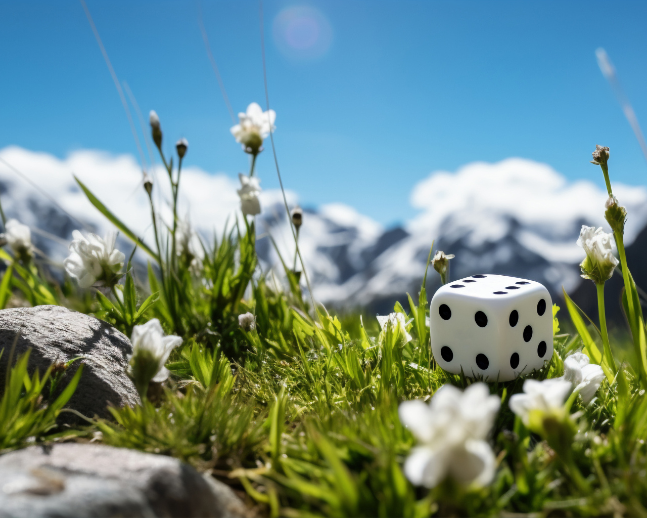 Кубик лежит на зеленой траве в горах