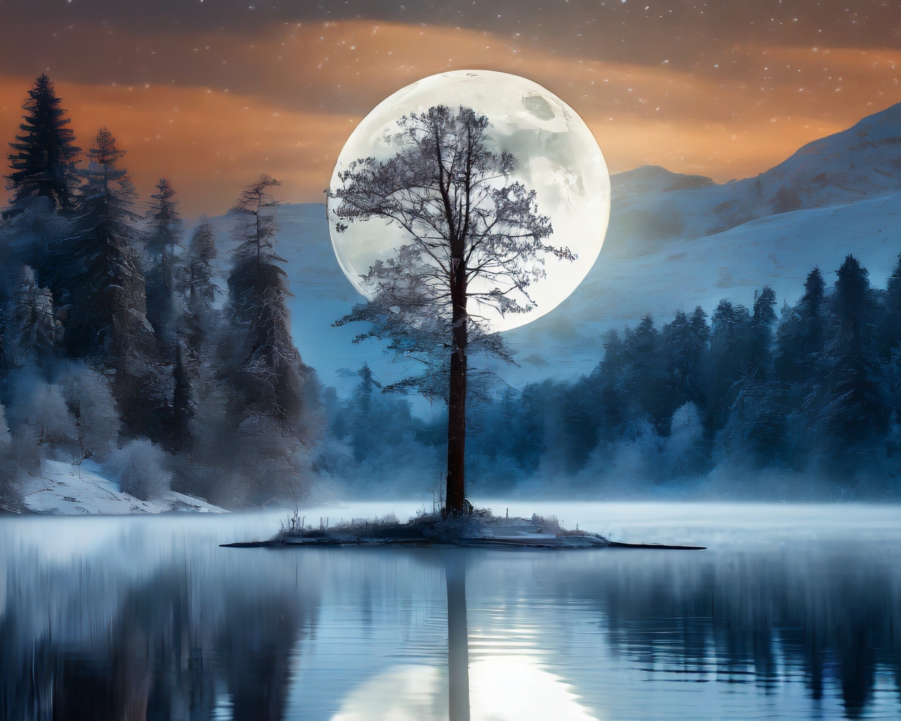 Большая белая луна за одиноким деревом у озера в горах