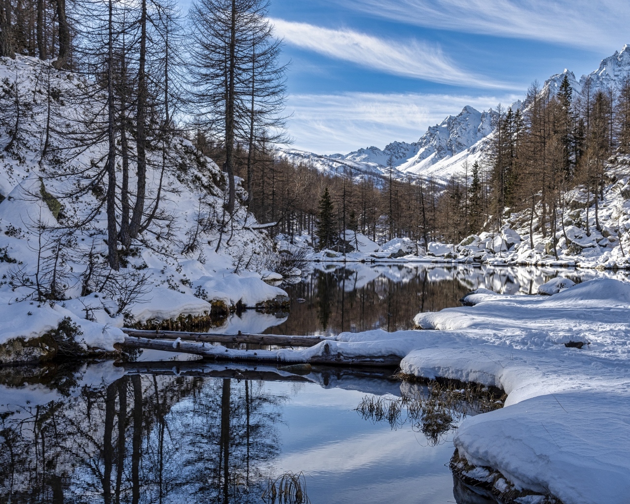 Река с покрытыми снегом берегами в горах