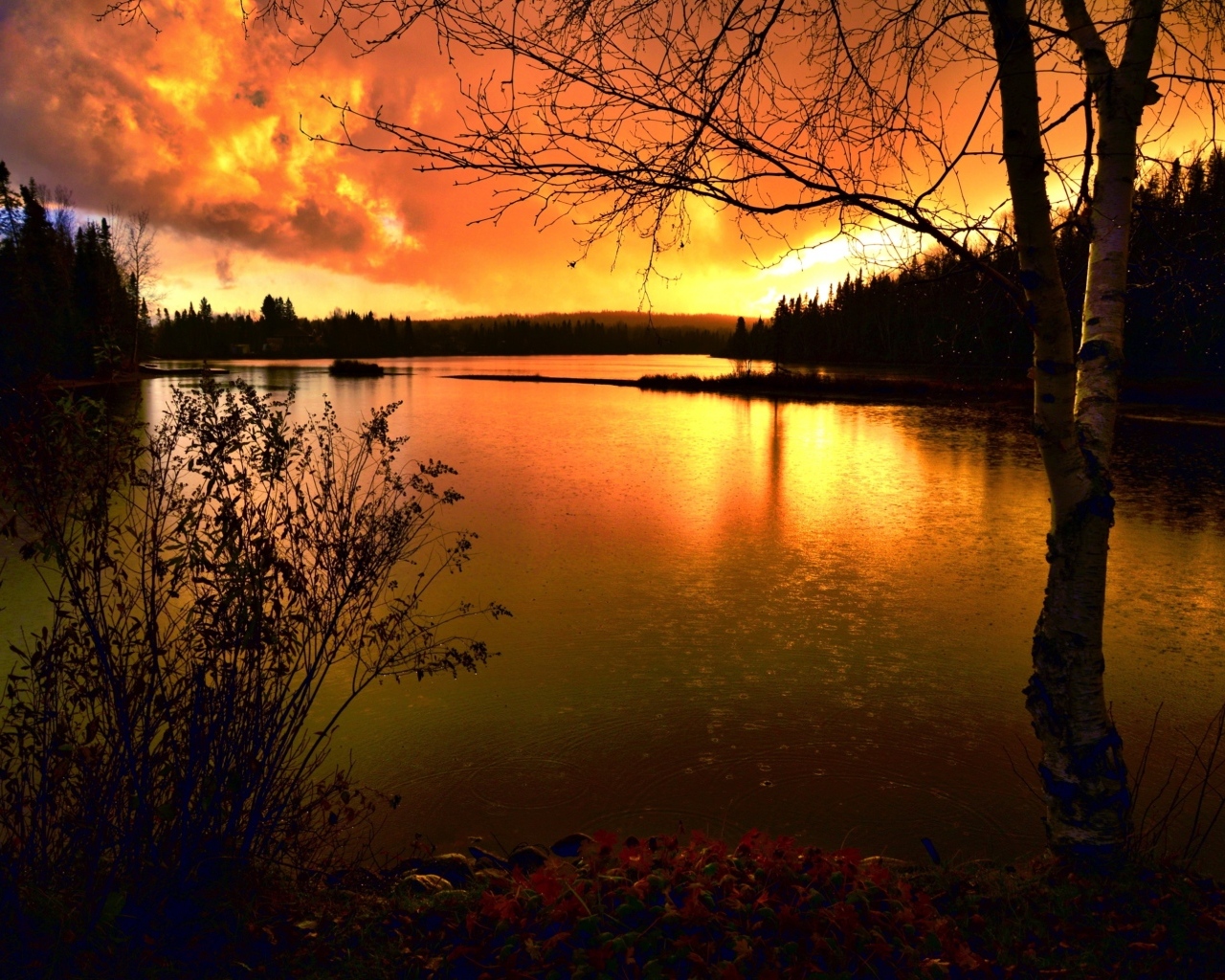 Спокойная гладь реки на закате солнца осенью 