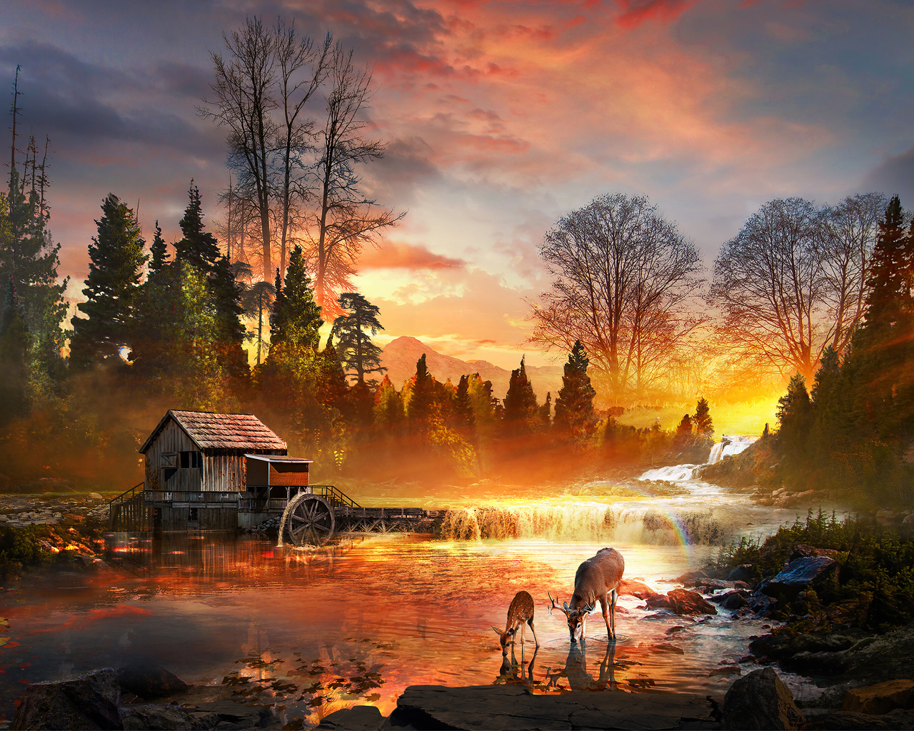 Закат солнца у лесной реки со старым домом