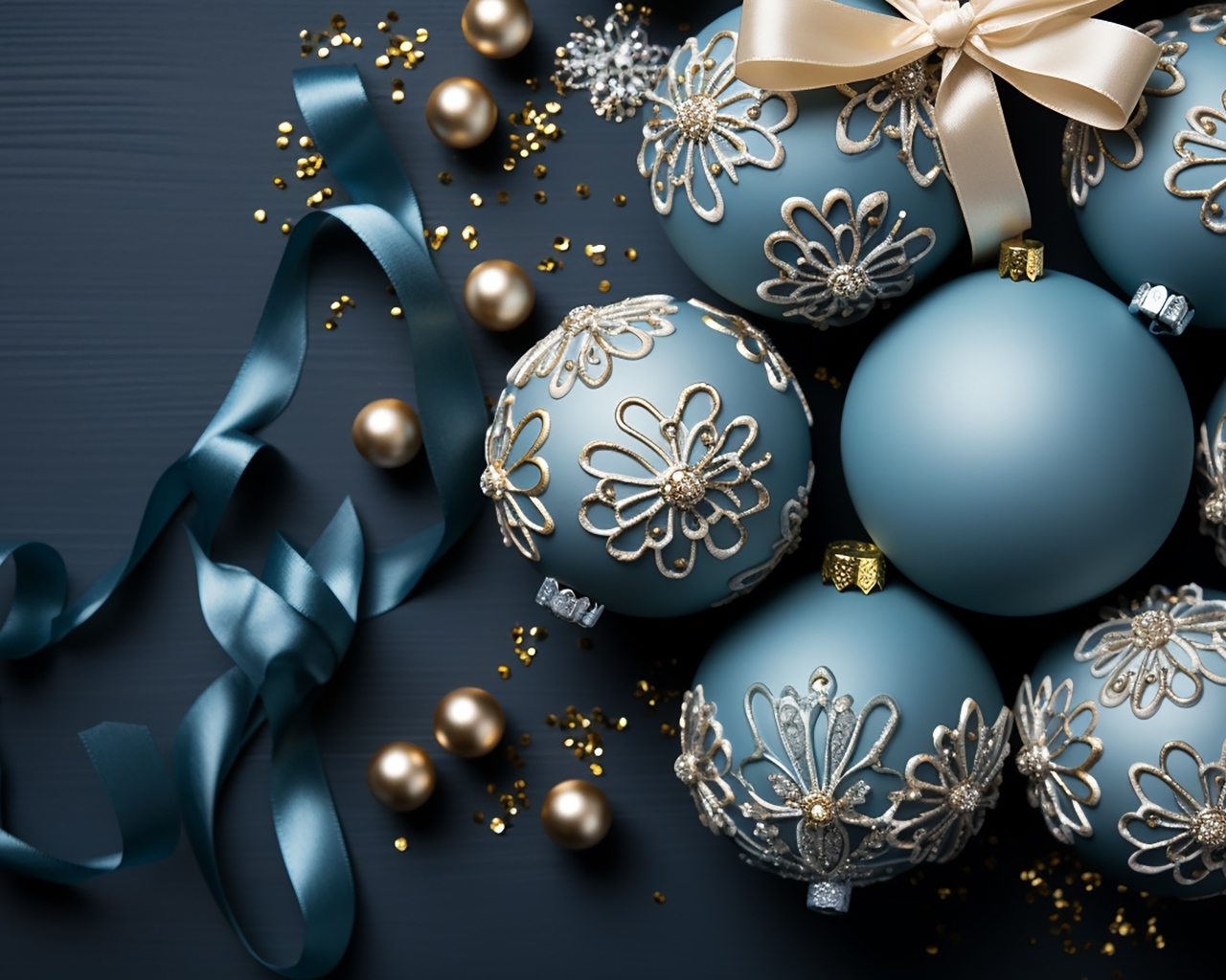 Красивые шарики на елку с синей лентой