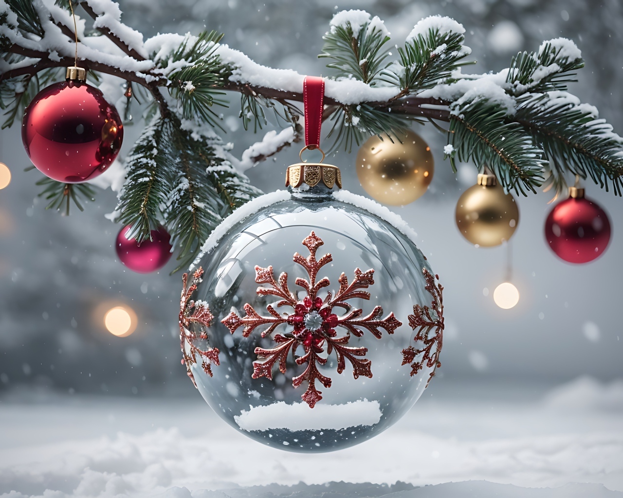 Красивый стеклянный шар со снежинкой на елке