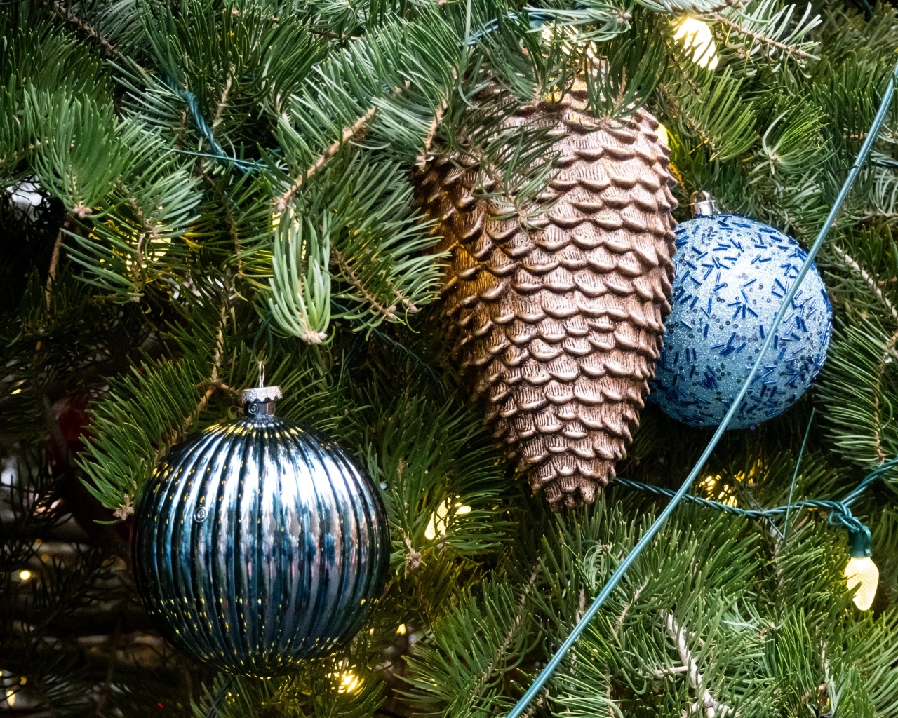 Красивые игрушки на зеленых еловых ветках