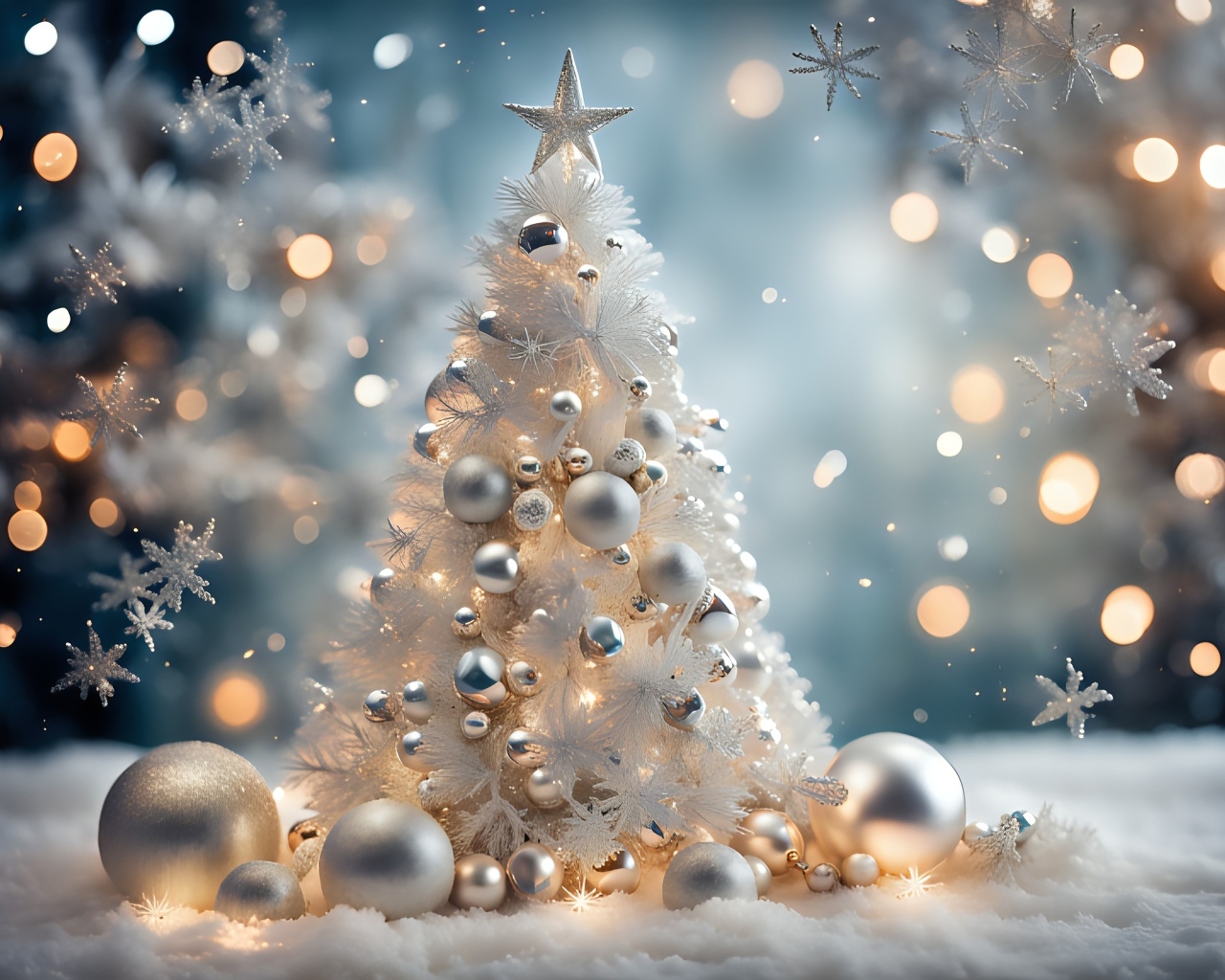 Красивая белая елка с шариками