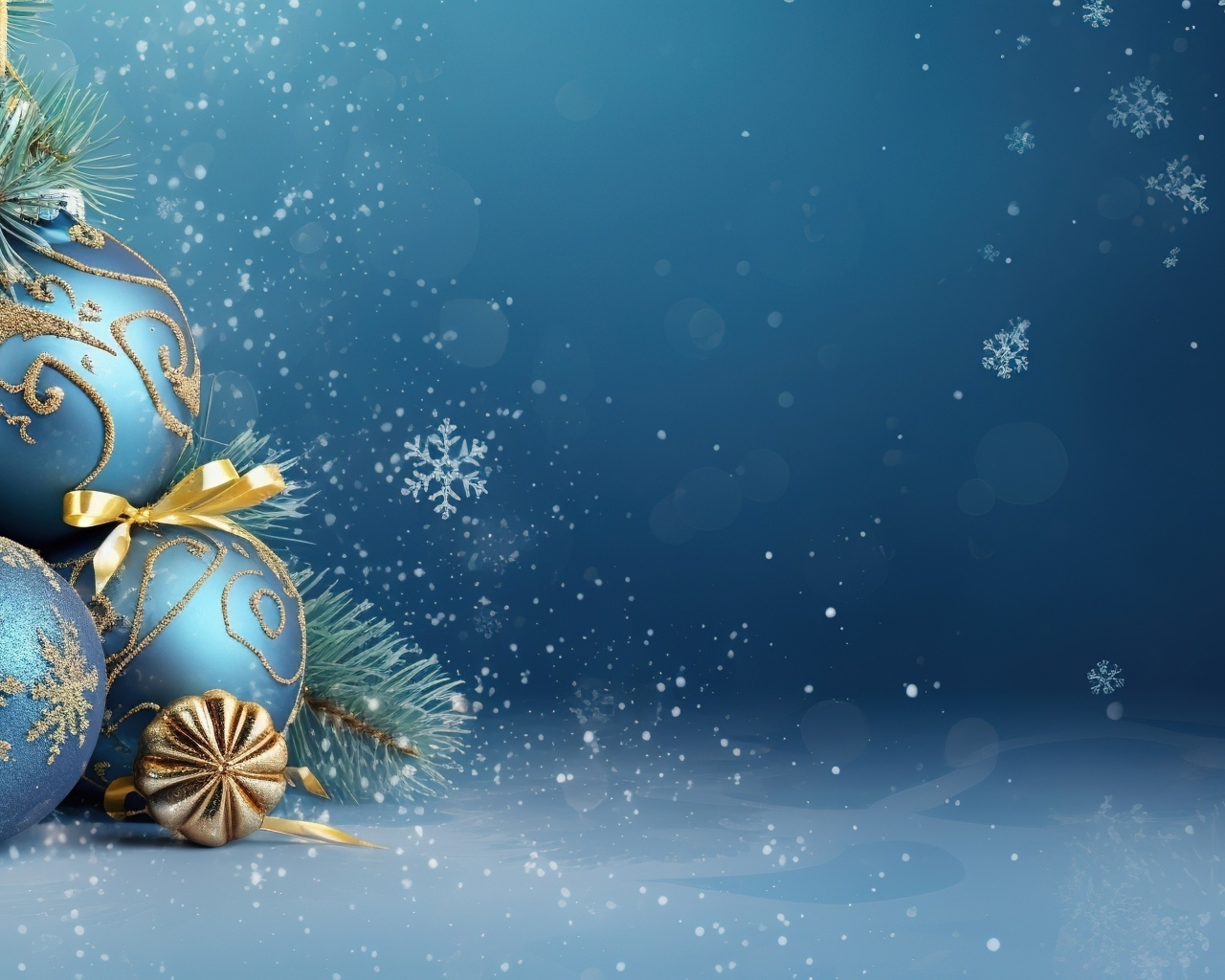 Синие шарики с еловой веткой на синем фоне, шаблон открытки