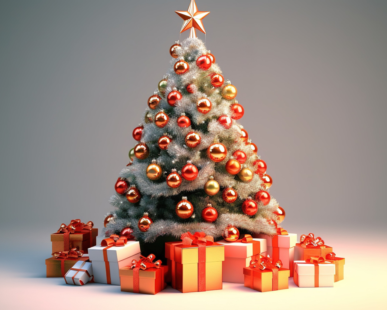 Новогодняя елка с подарками на сером фоне