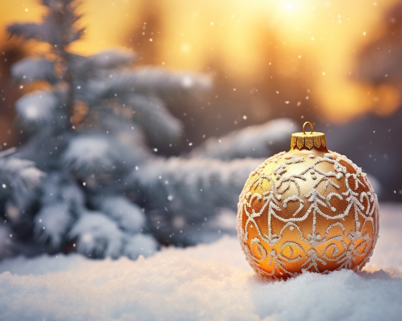 Золотистый еловый шар на снегу в лесу на Новый год