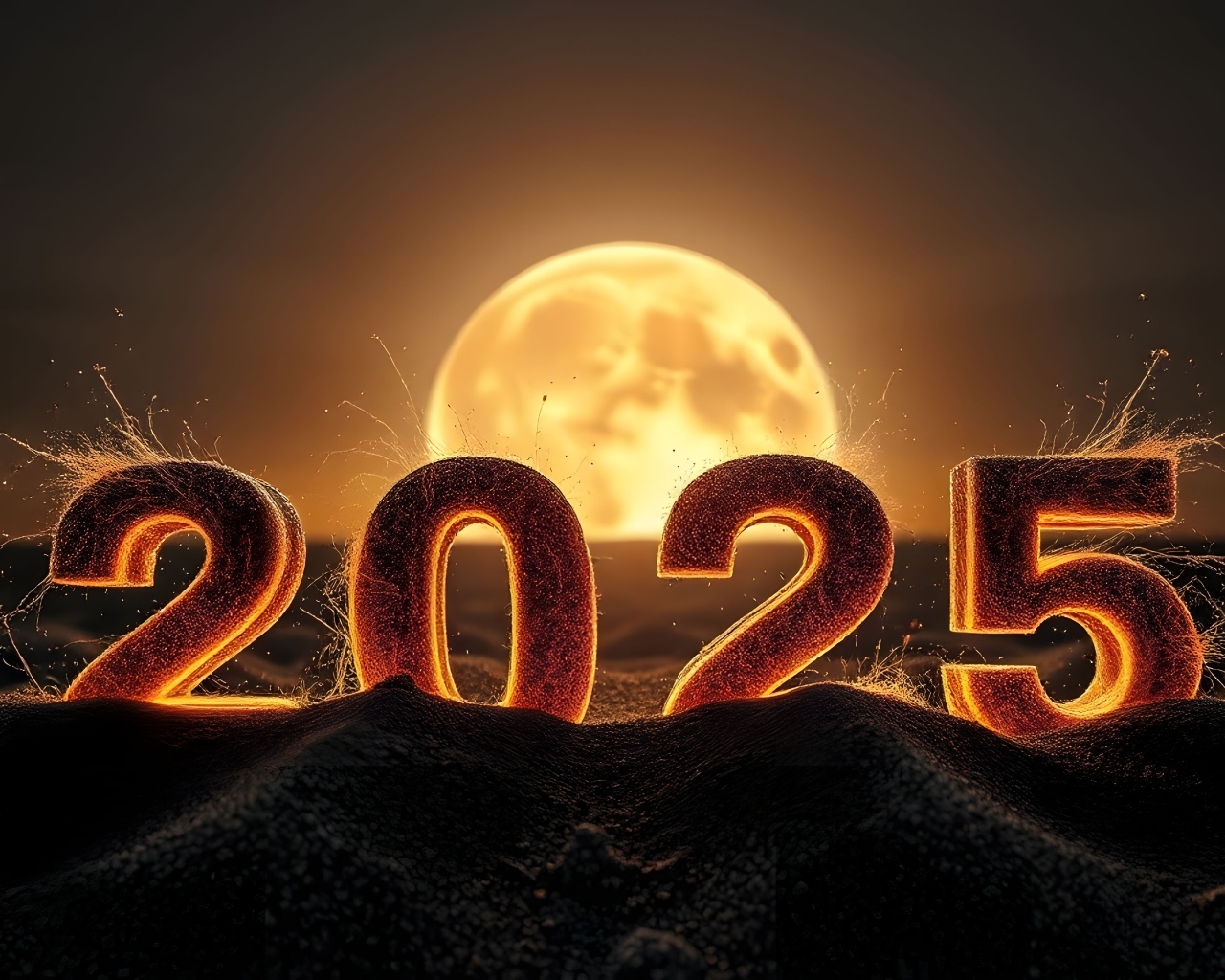 Цифры 2025 на песке на фоне солнца