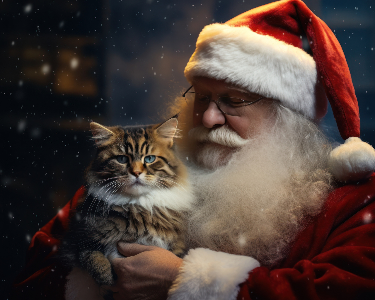 Дед мороз с красивым серым котом в руках