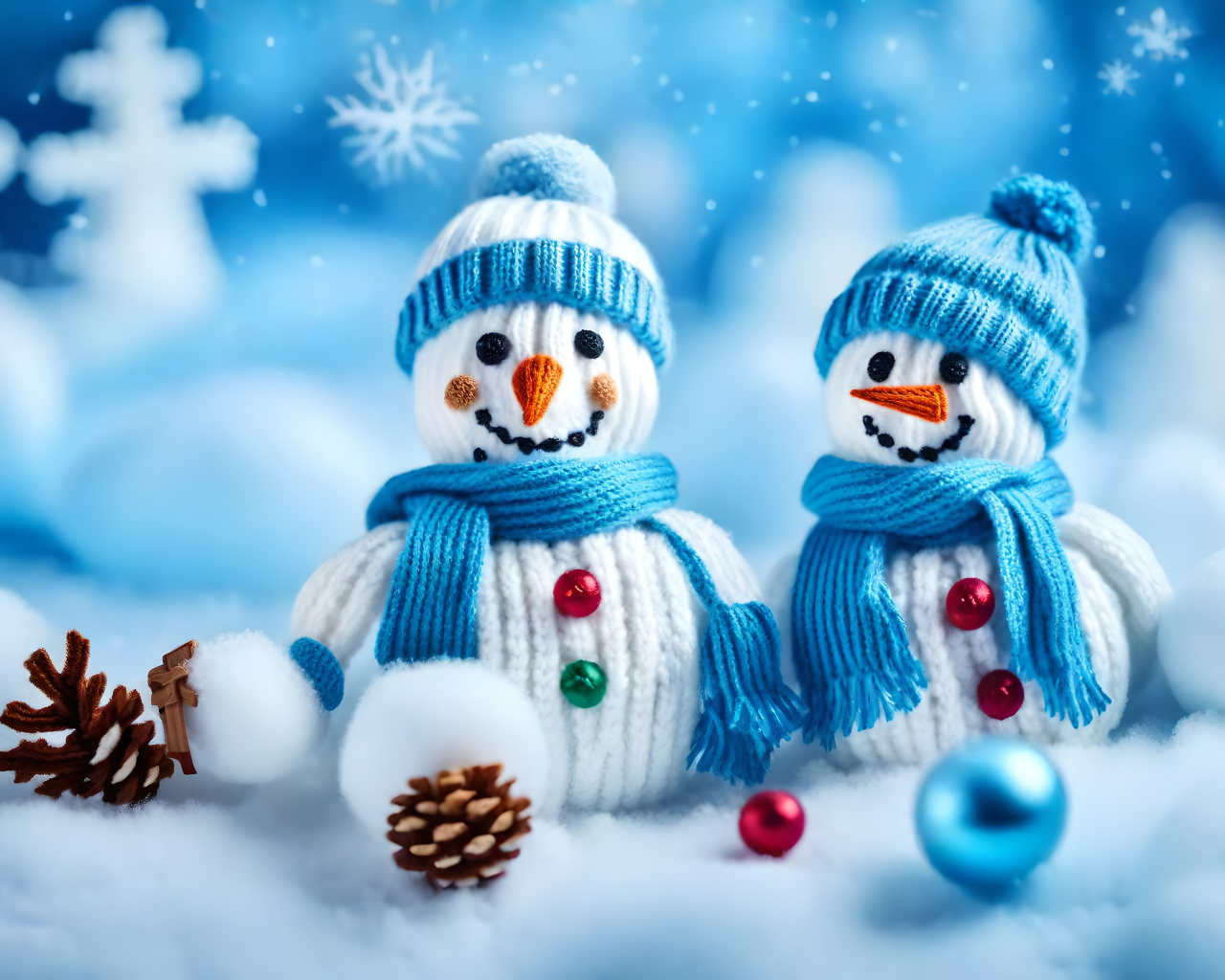 Два снеговика в шапках на снегу с шишками