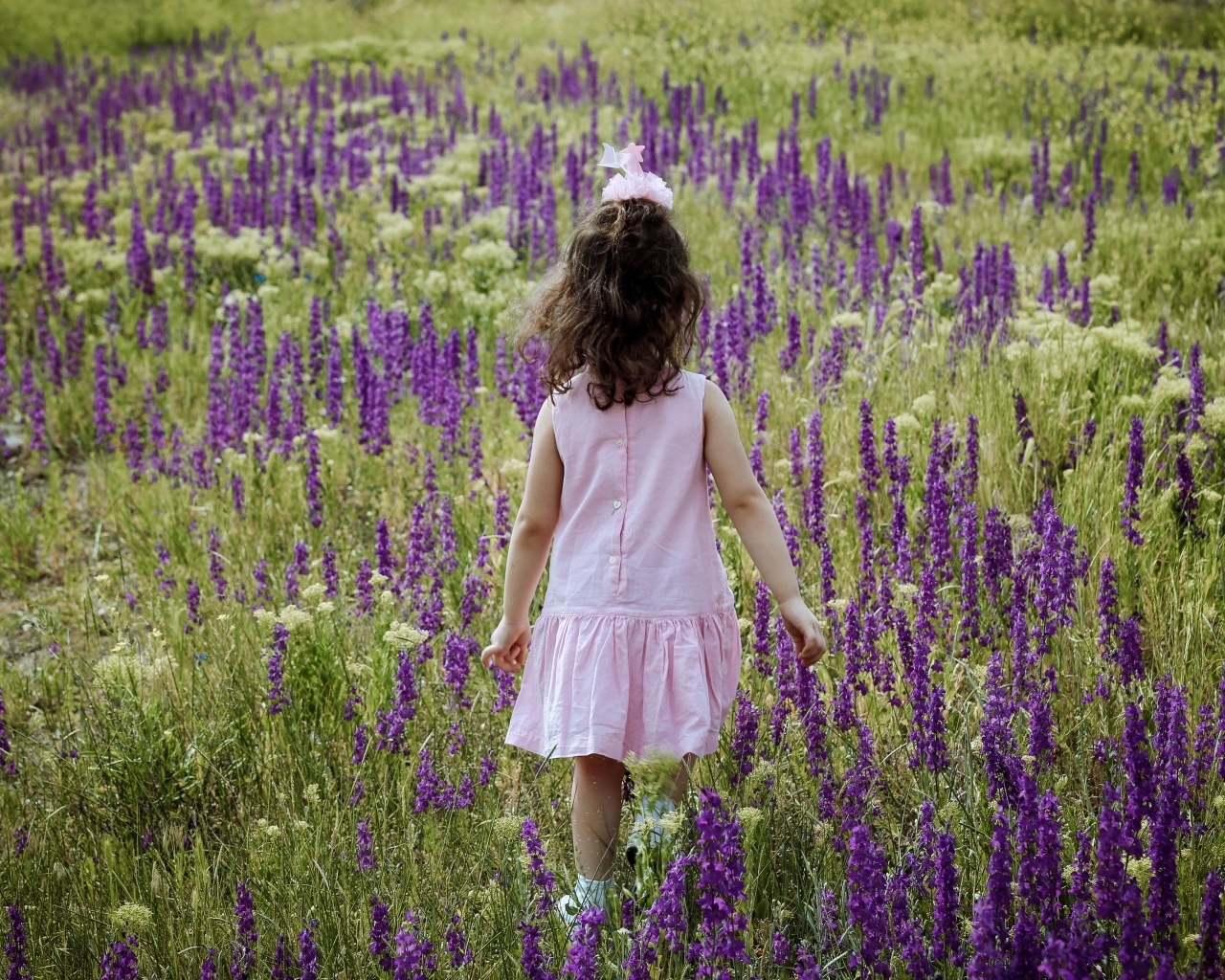 Девочка в розовом платье гуляет по полю с цветами
