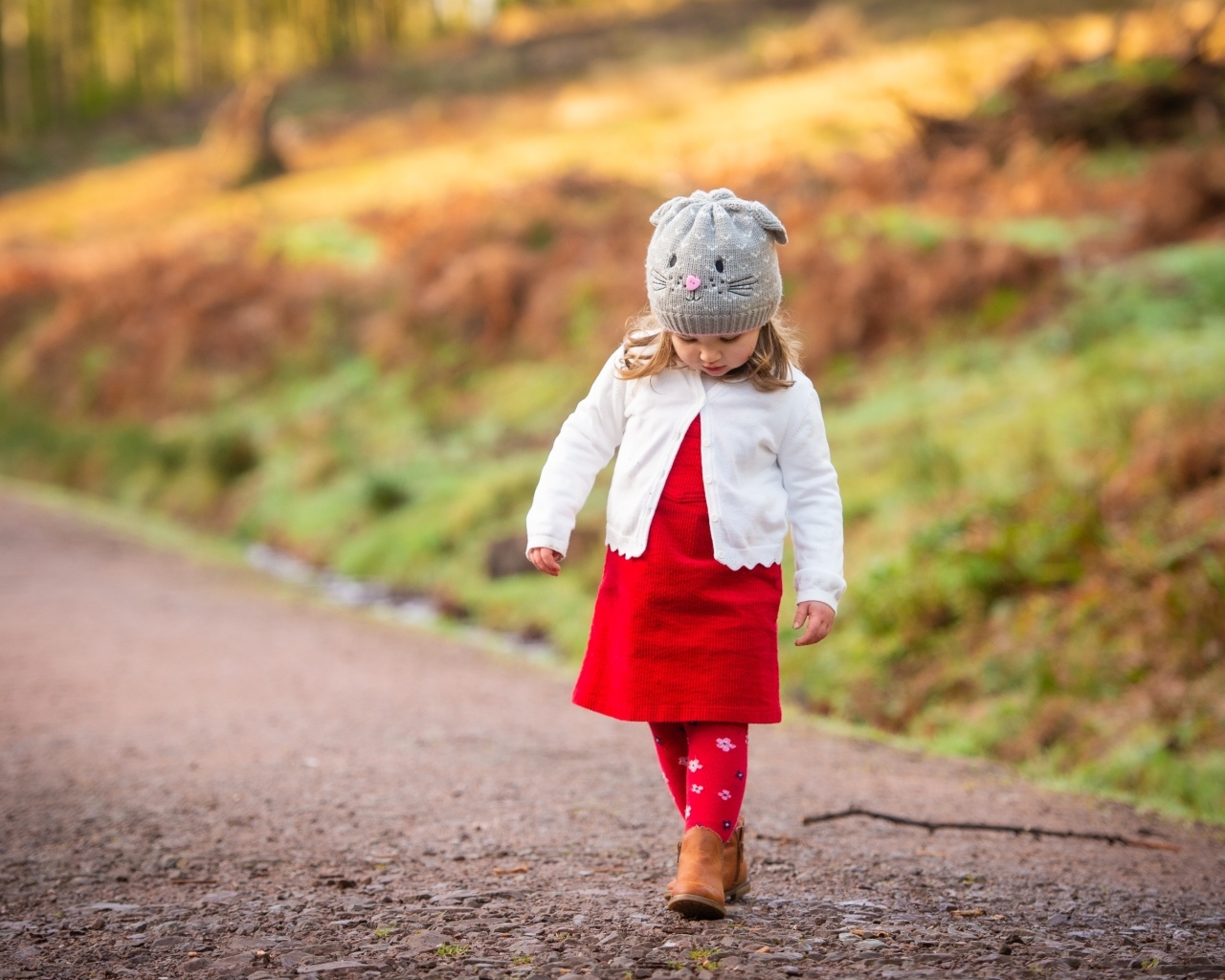 Маленькая девочка в красном платье идет по дороге