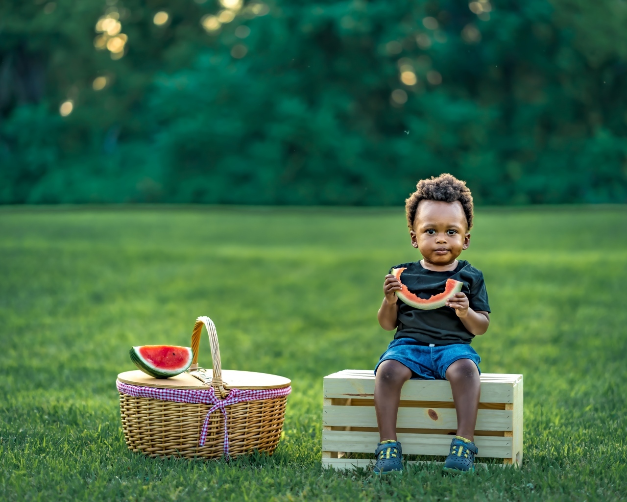 Темнокожий мальчик ест арбуз на природе