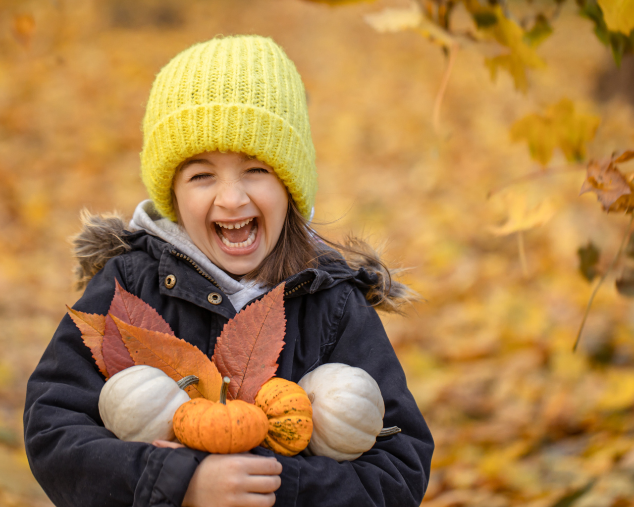 Веселая девочка с тыквами и листьями в руках осенью
