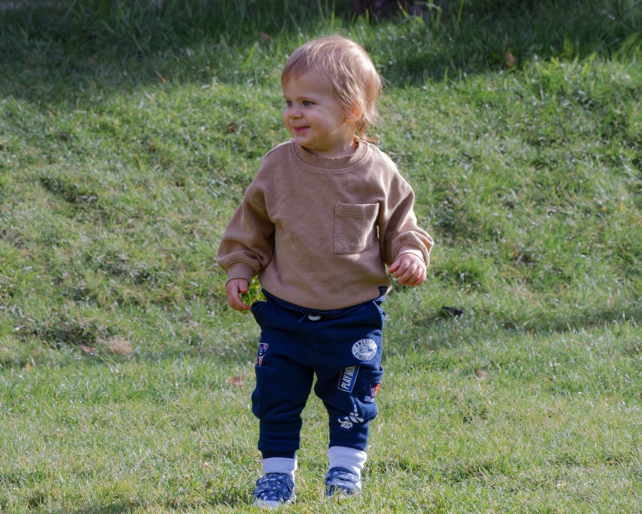 Веселый маленький мальчик гуляет на природе