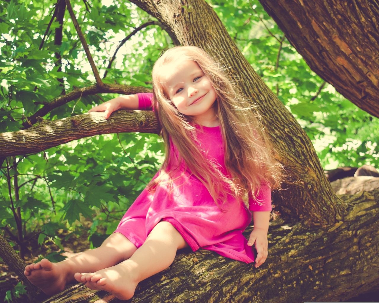 Милая девочка в розовом платье сидит на ветке дерева
