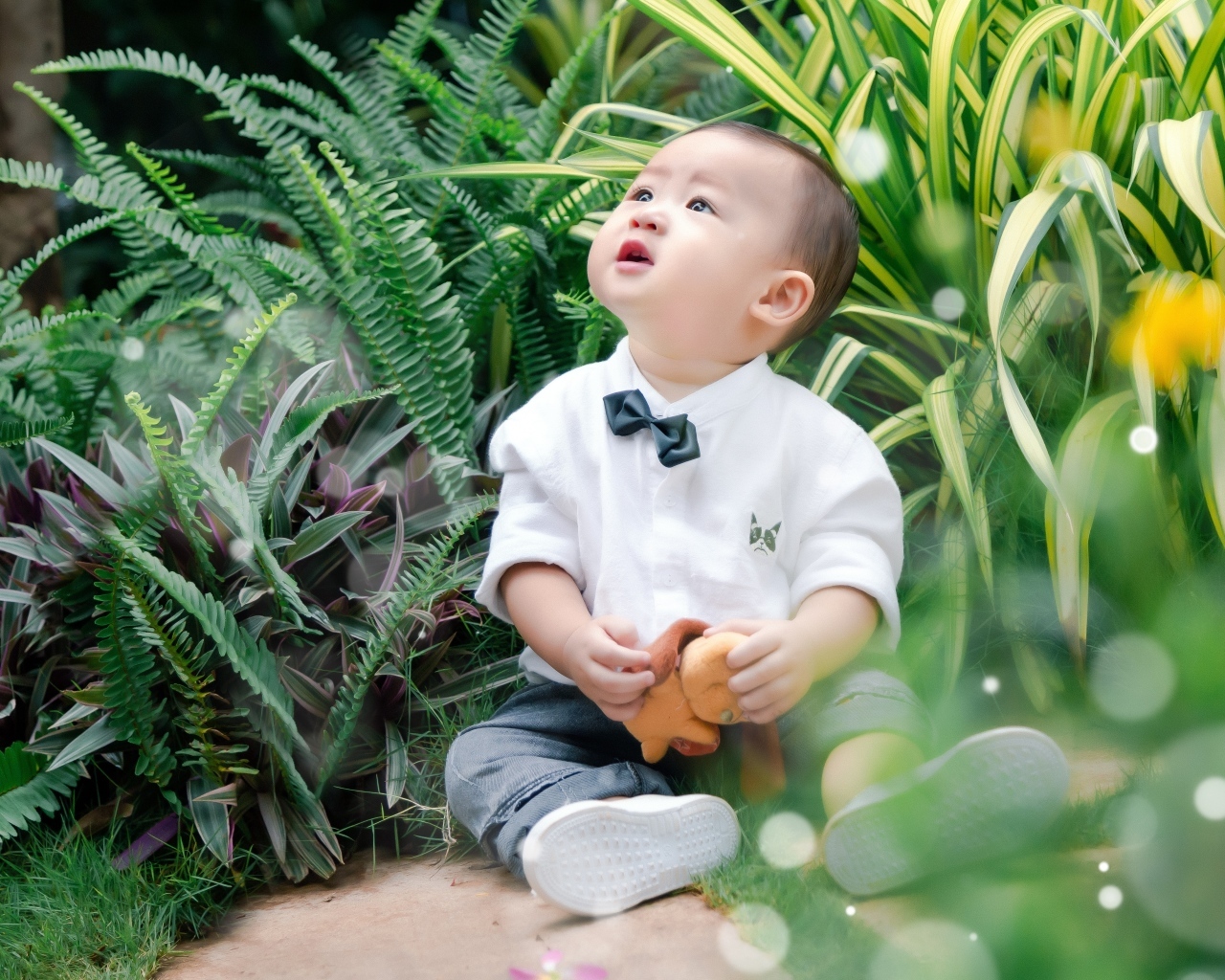 Маленький азиатский ребенок в зеленой траве