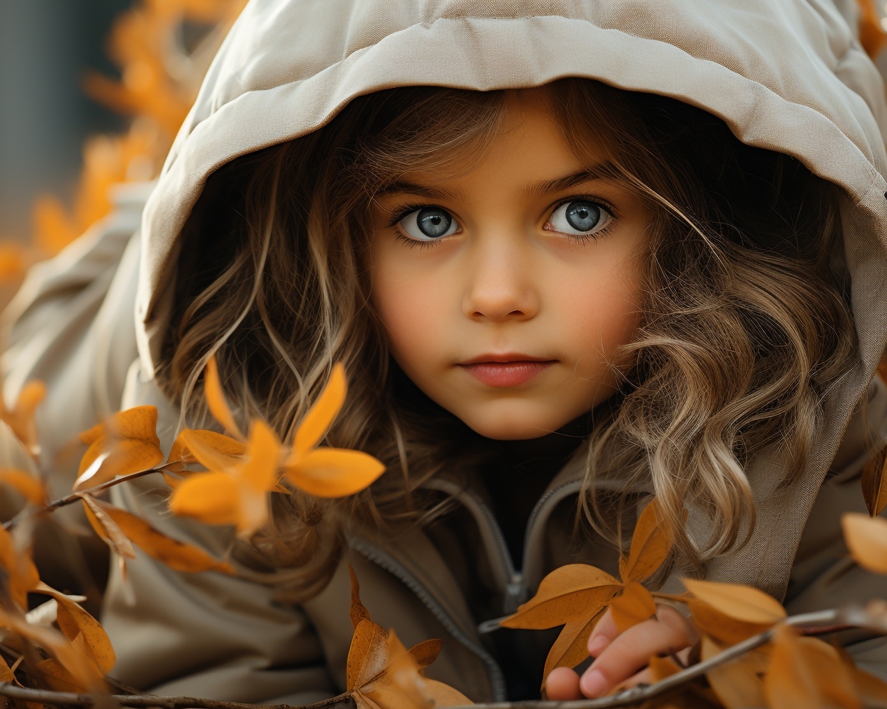 Маленькая голубоглазая девочка в куртке осенью 
