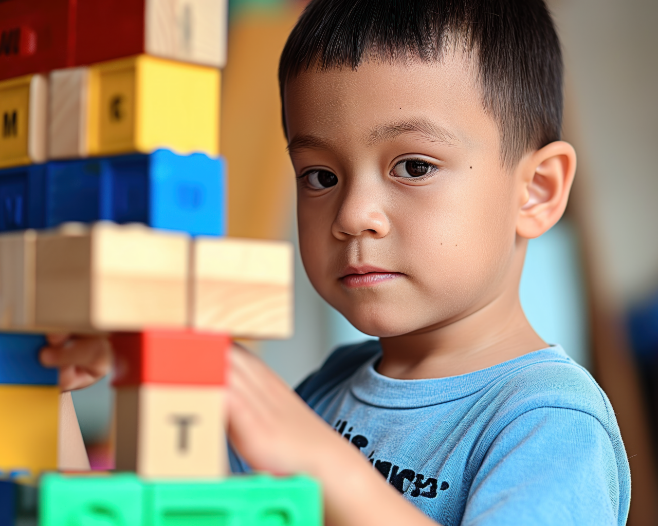 Маленький мальчик играет с кубиками