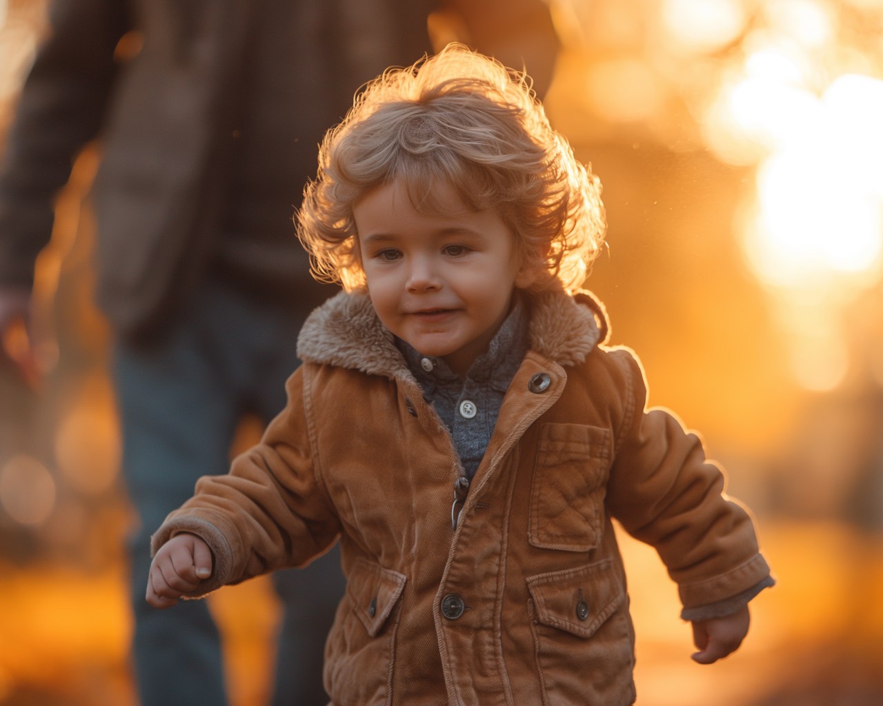 Маленький мальчик гуляет в осеннем парке