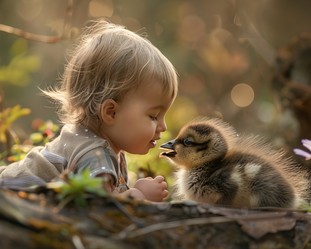 Маленький ребенок с утенком на земле