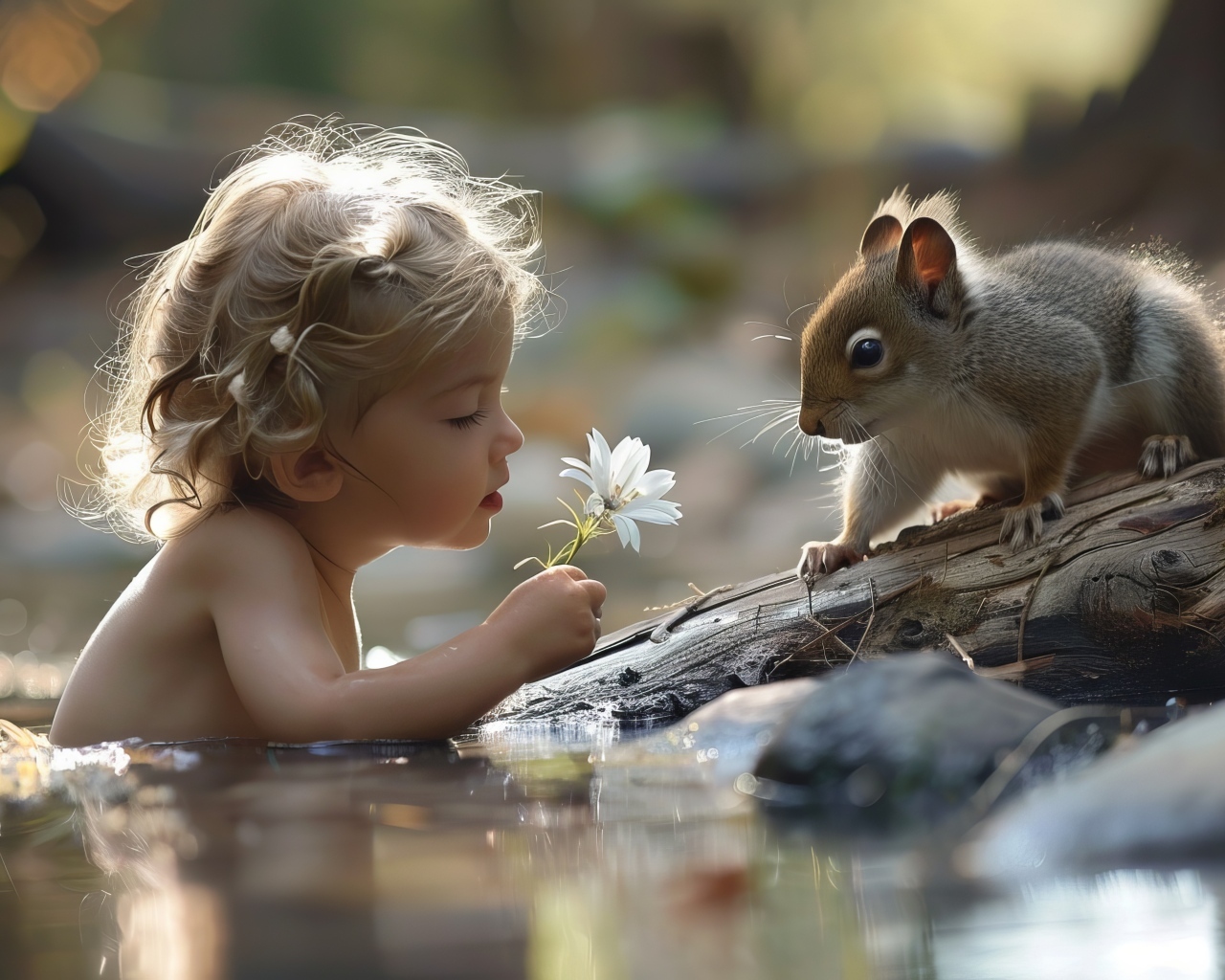 Маленькая девочка в воде с белкой