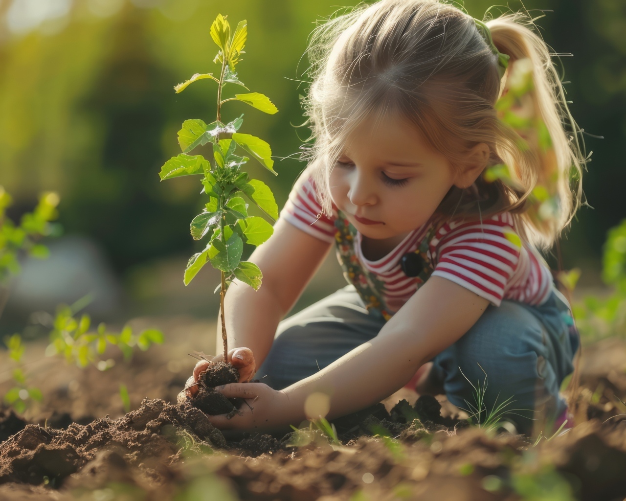 Маленькая девочка сажает зеленое растение