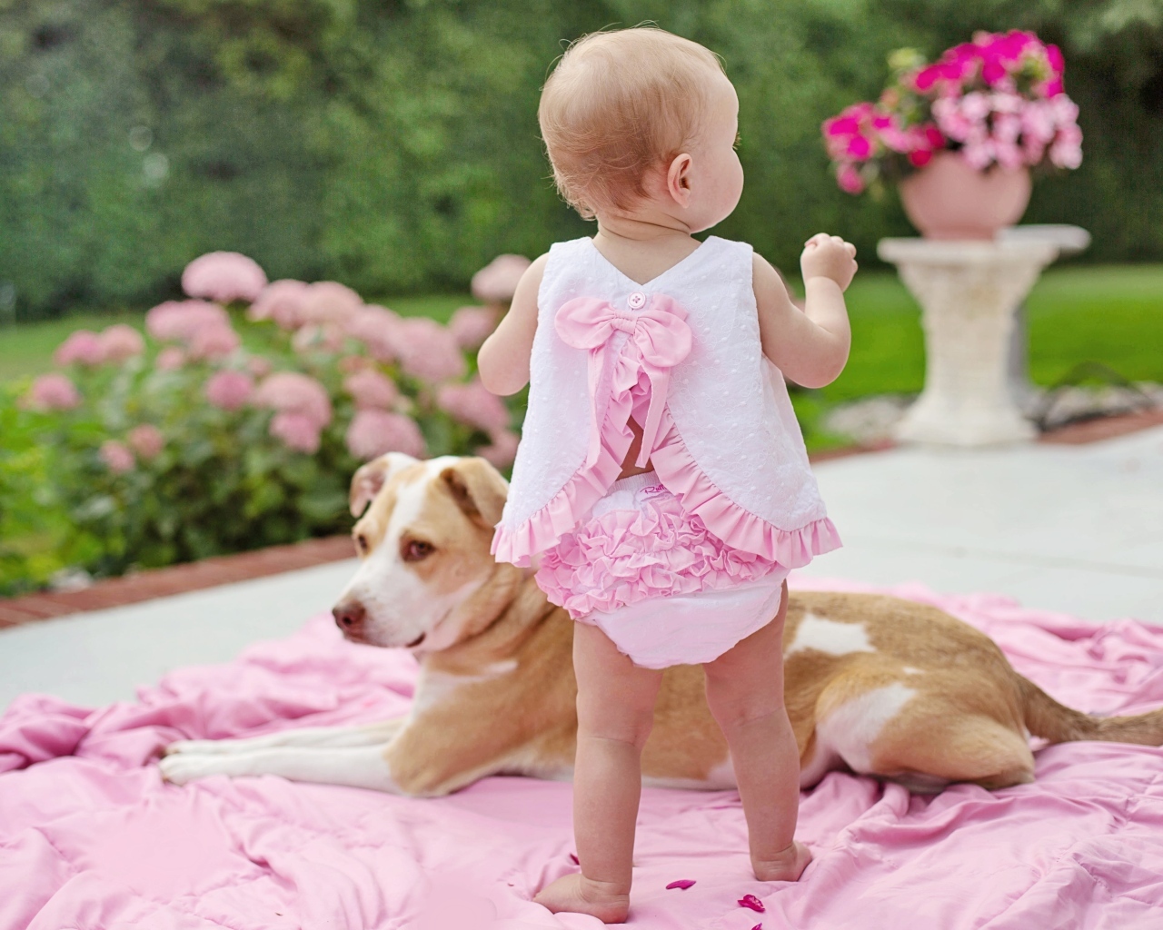 Маленькая девочка с собакой на розовом покрывале