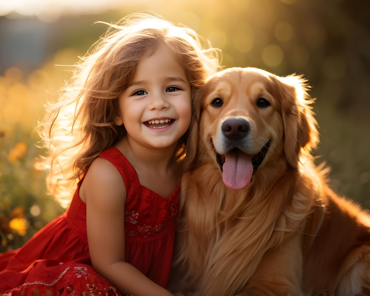 Маленькая улыбающаяся девочка с золотистым ретривером