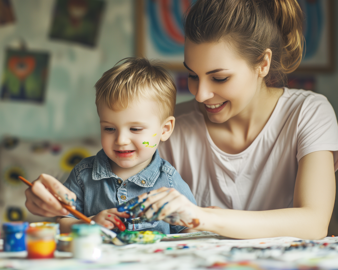 Мама рисует красками с сыном