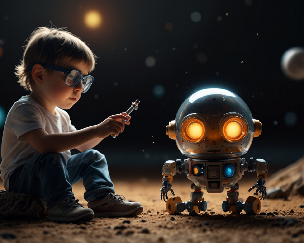 Мальчик ученый с роботом 