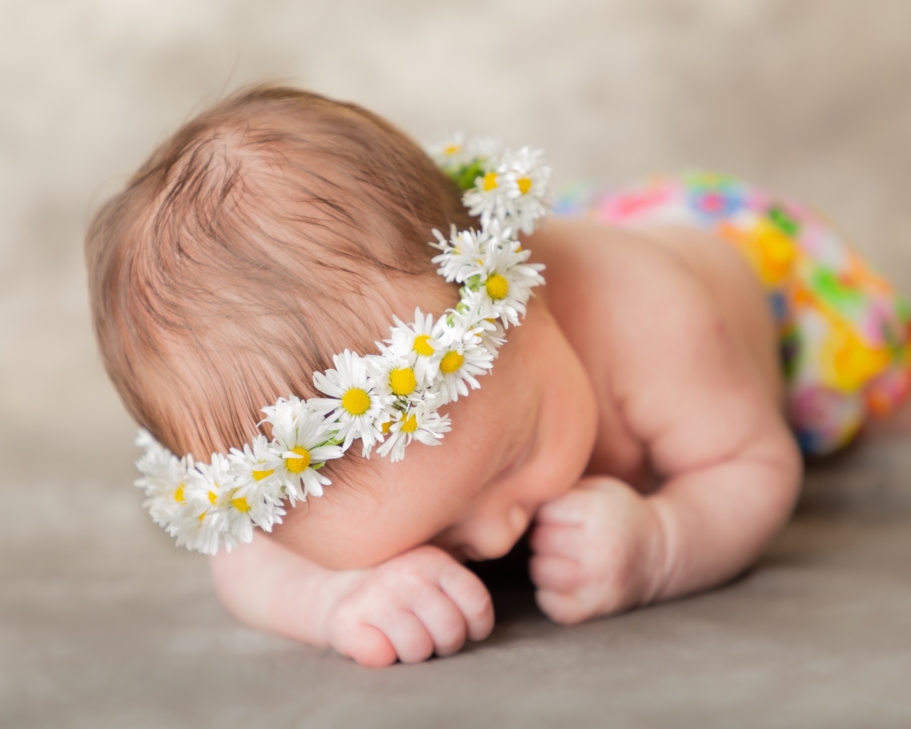 Спящая новорожденная девочка с венком из ромашек