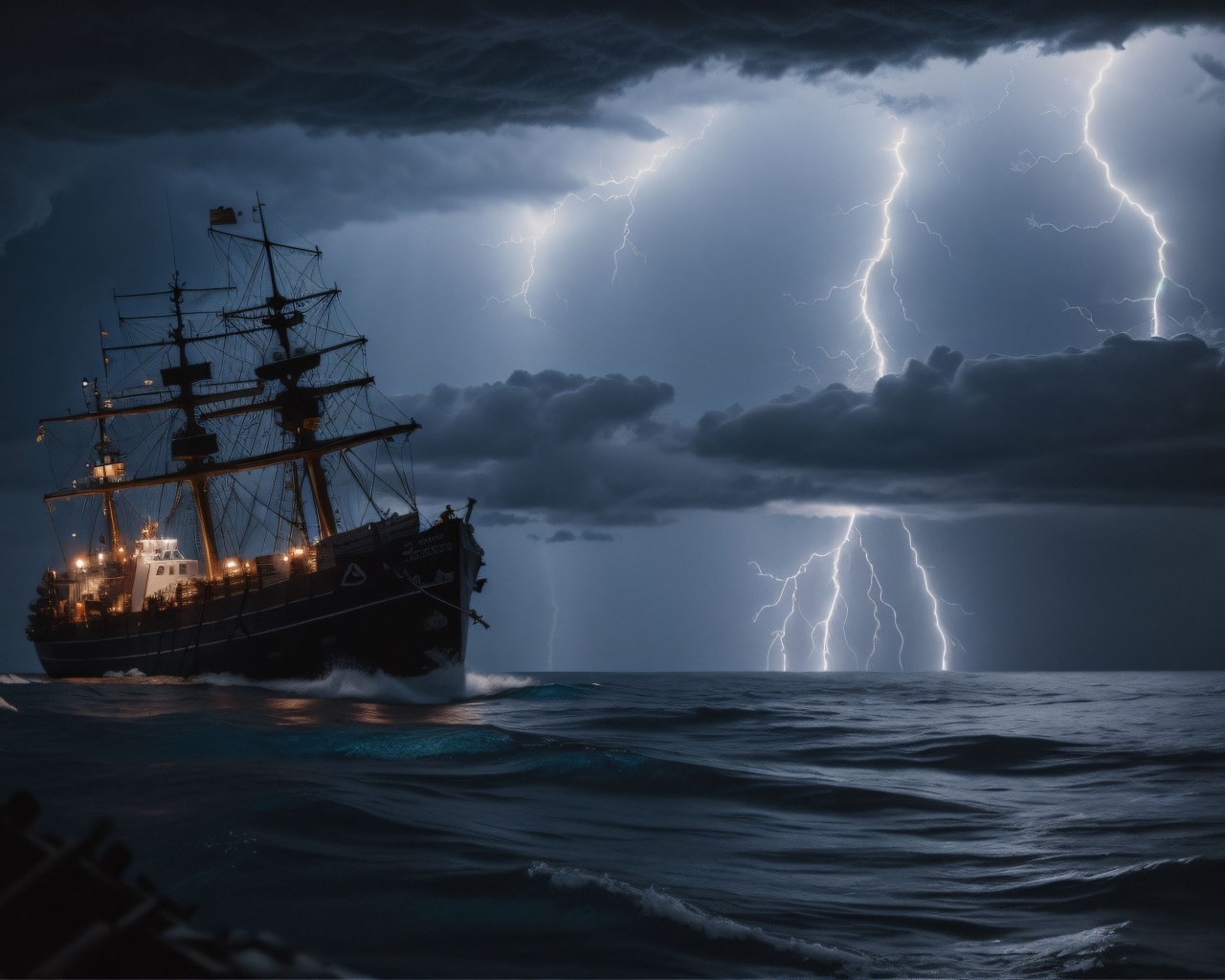 Корабль в бушующем море в шторм на фоне молнии в небе