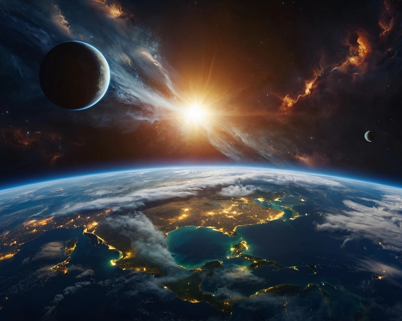 Яркая вспышка в космосе над планетой Земля