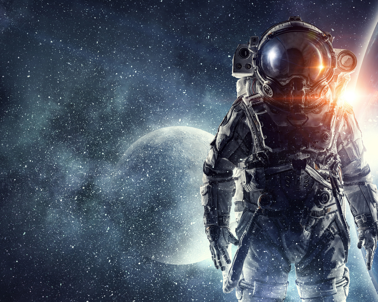 Астронавт в костюме на фоне луны