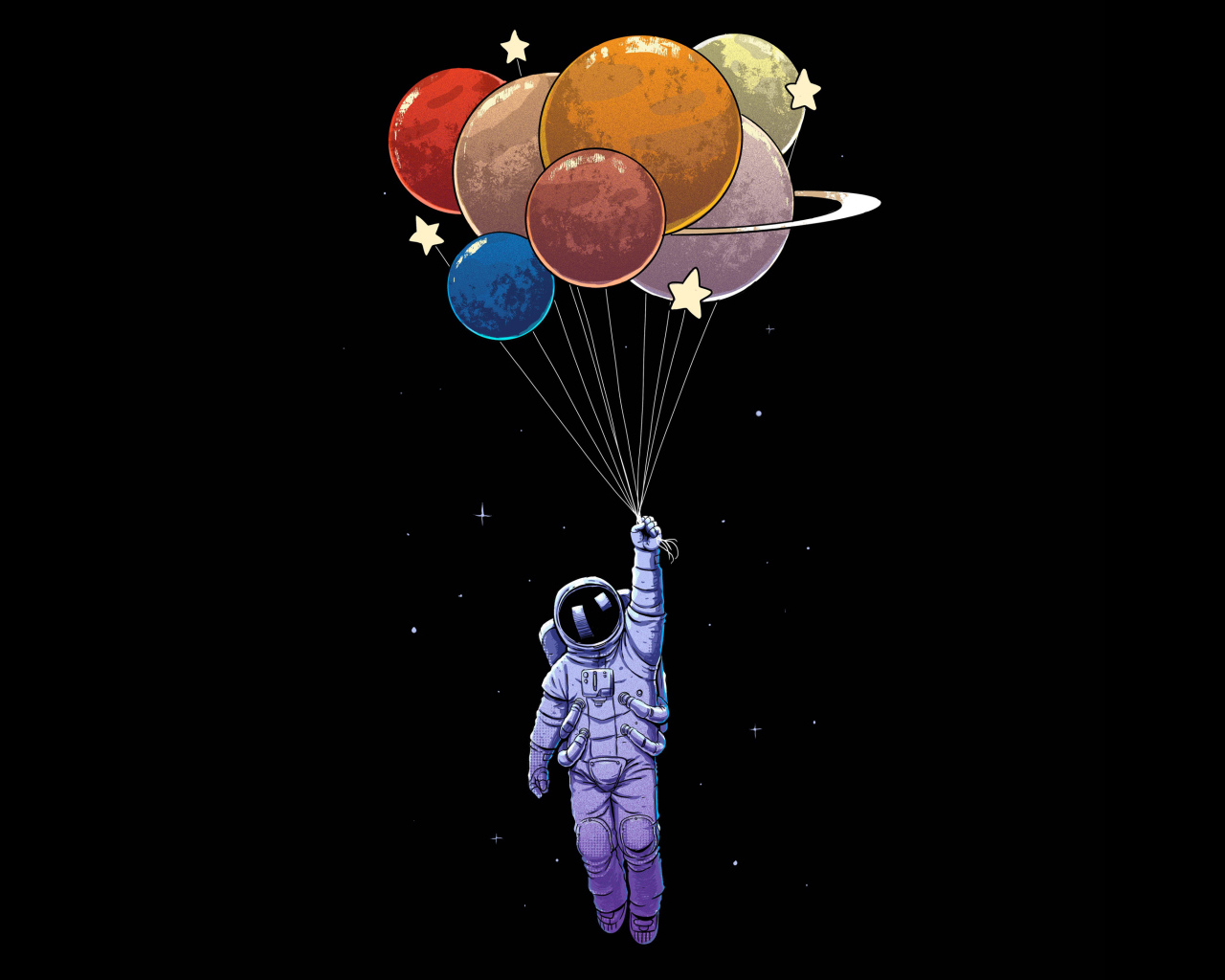 Астронавт на воздушных шариках на черном фоне