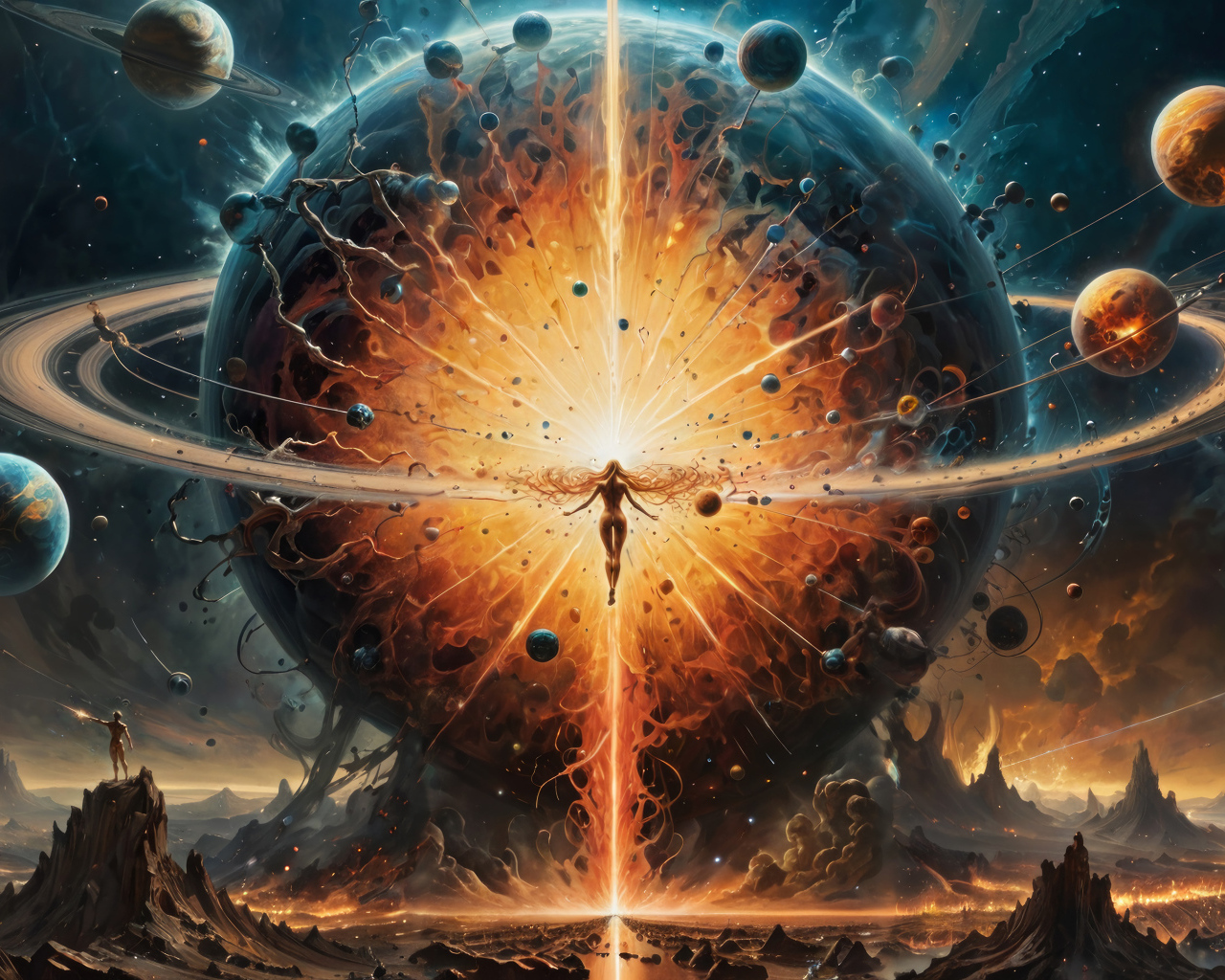 Girl against the backdrop of a planet exploding in space