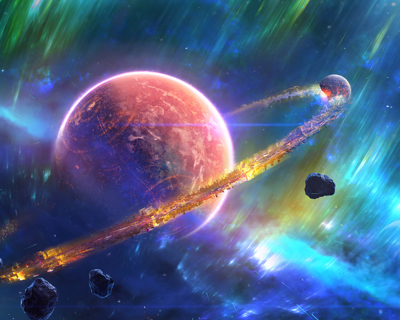 Большая планета с кольцами в космосе с астероидами