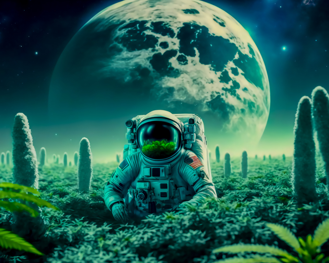Мужчина астронавт NASA на планете с растениями