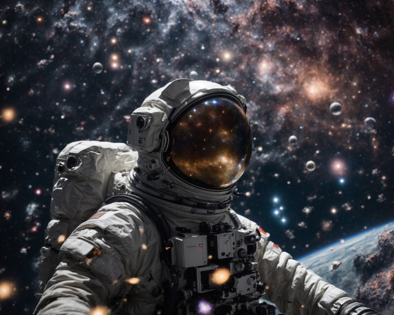 Мужчина космонавт в скафандре в космосе