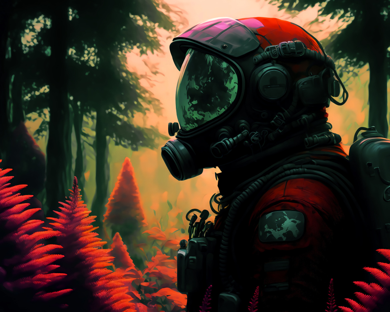 Мужчина астронавт в скафандре в лесу