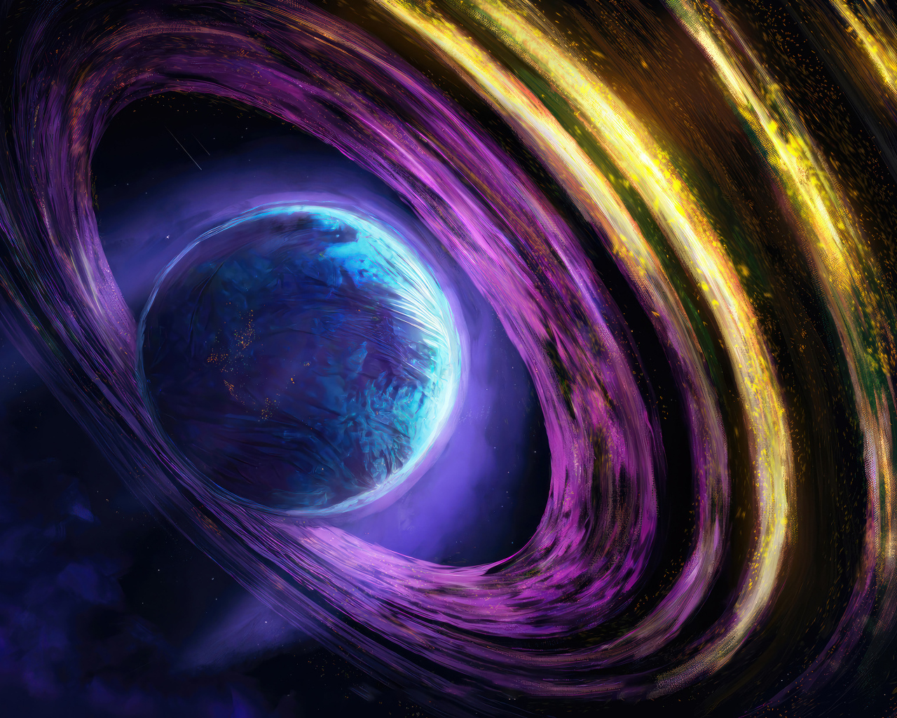 Планета с разноцветными кольцами в космосе