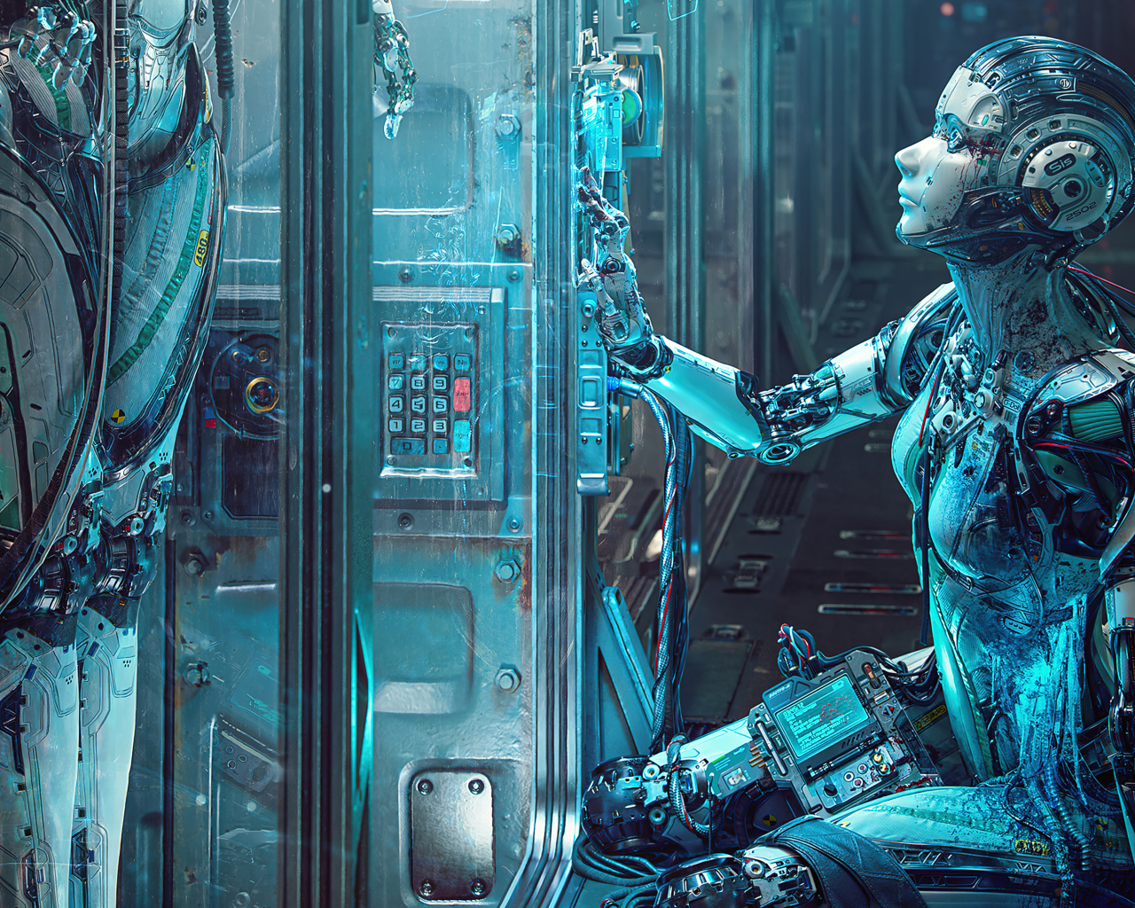 Девушка робот на космическом корабле