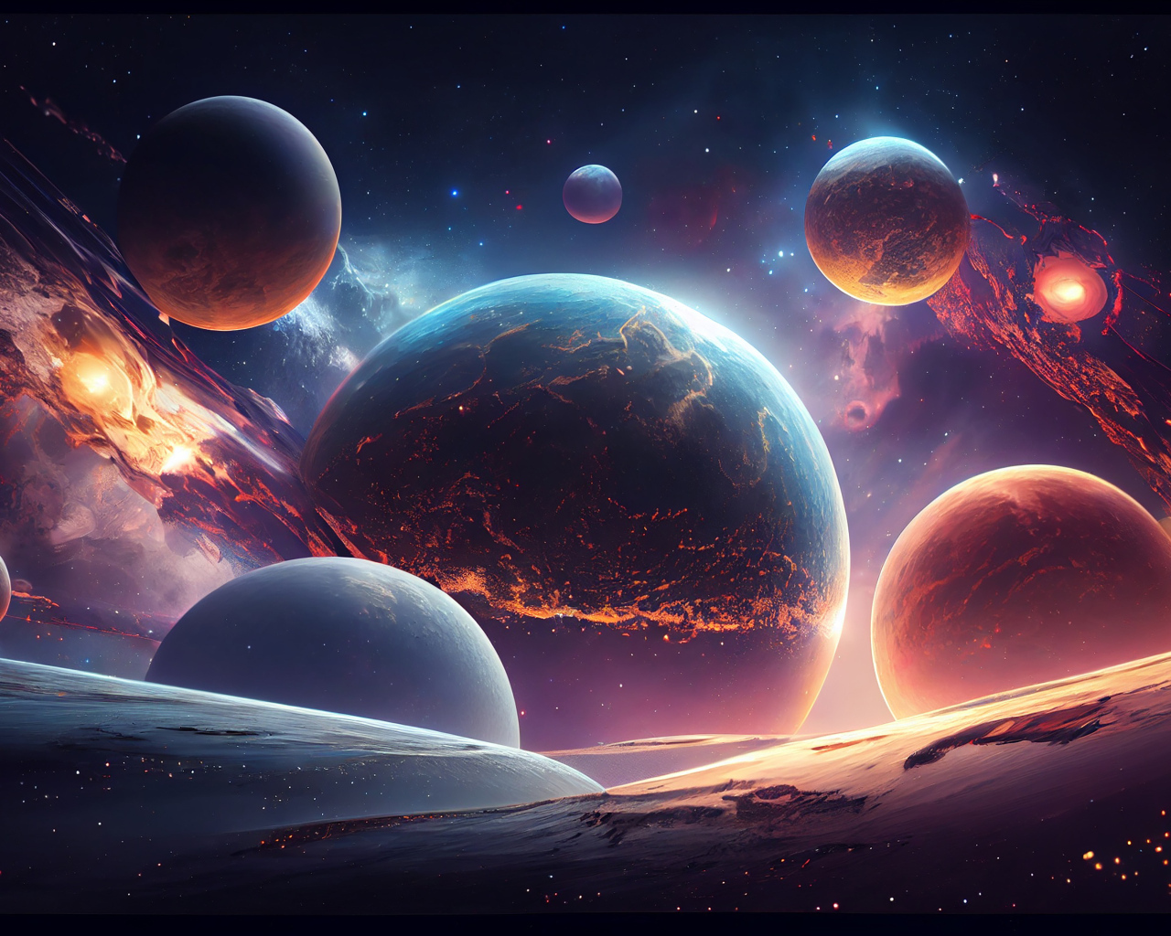 Вид на большие планеты в огненном космосе