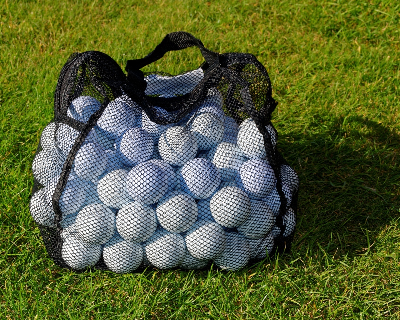 Сетка с мячами для гольфа на траве