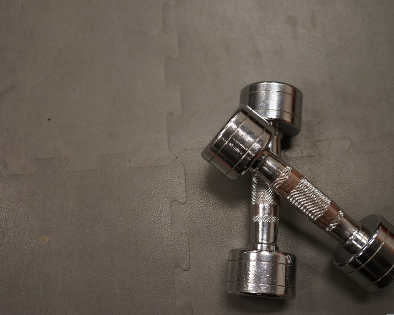 Две железные гантели на сером фоне