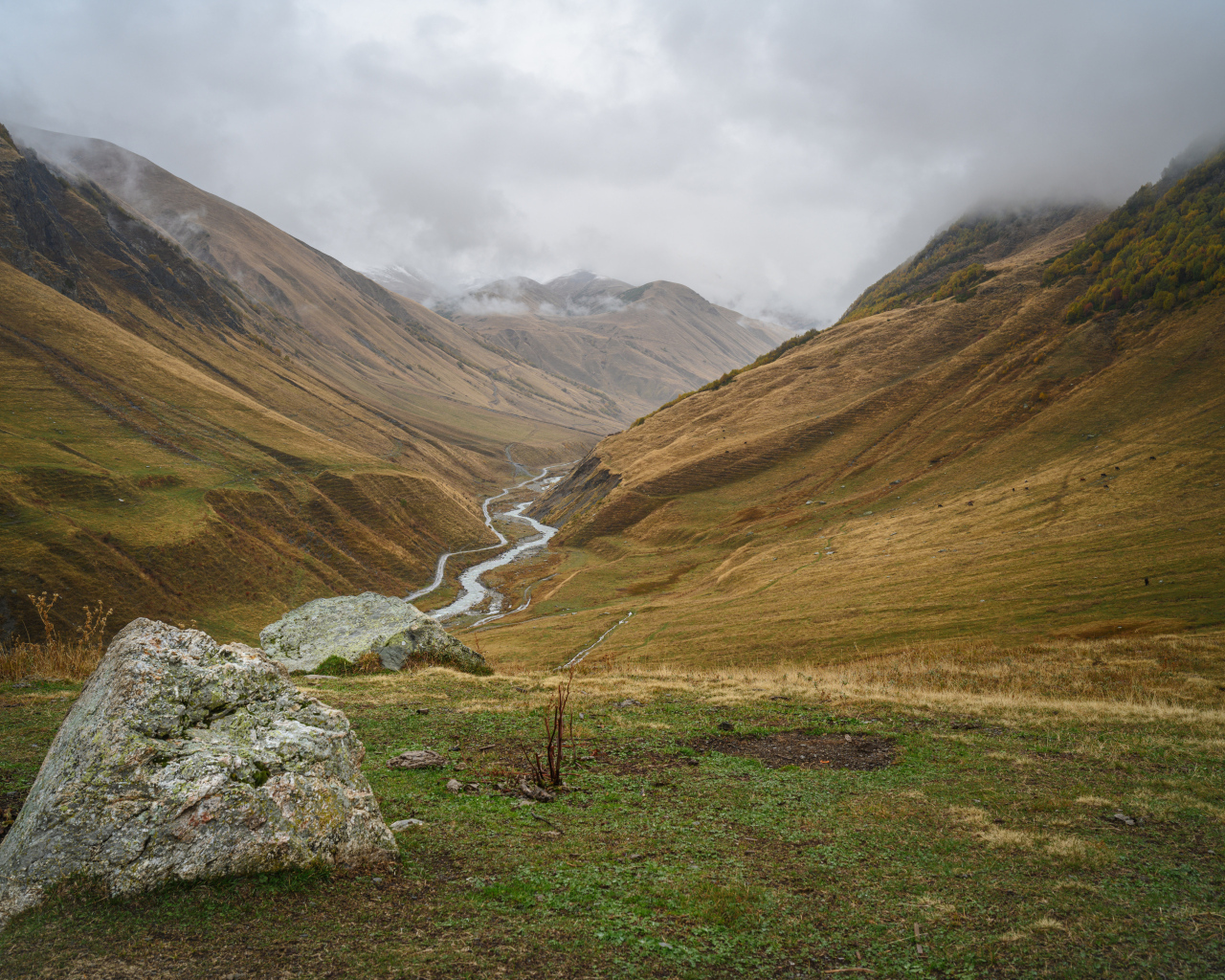 Река между гор под пасмурным небом, Грузия